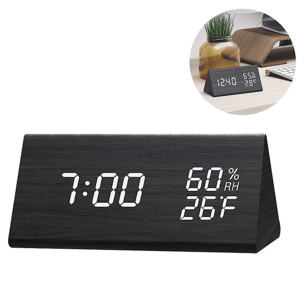 Reloj despertador digital de madera con 3 configuraciones de alarma, pantalla electrónica de hora, 3 niveles de brillo y temperatura, ideal para el dormitorio, mesita de noche y oficina (Negro)