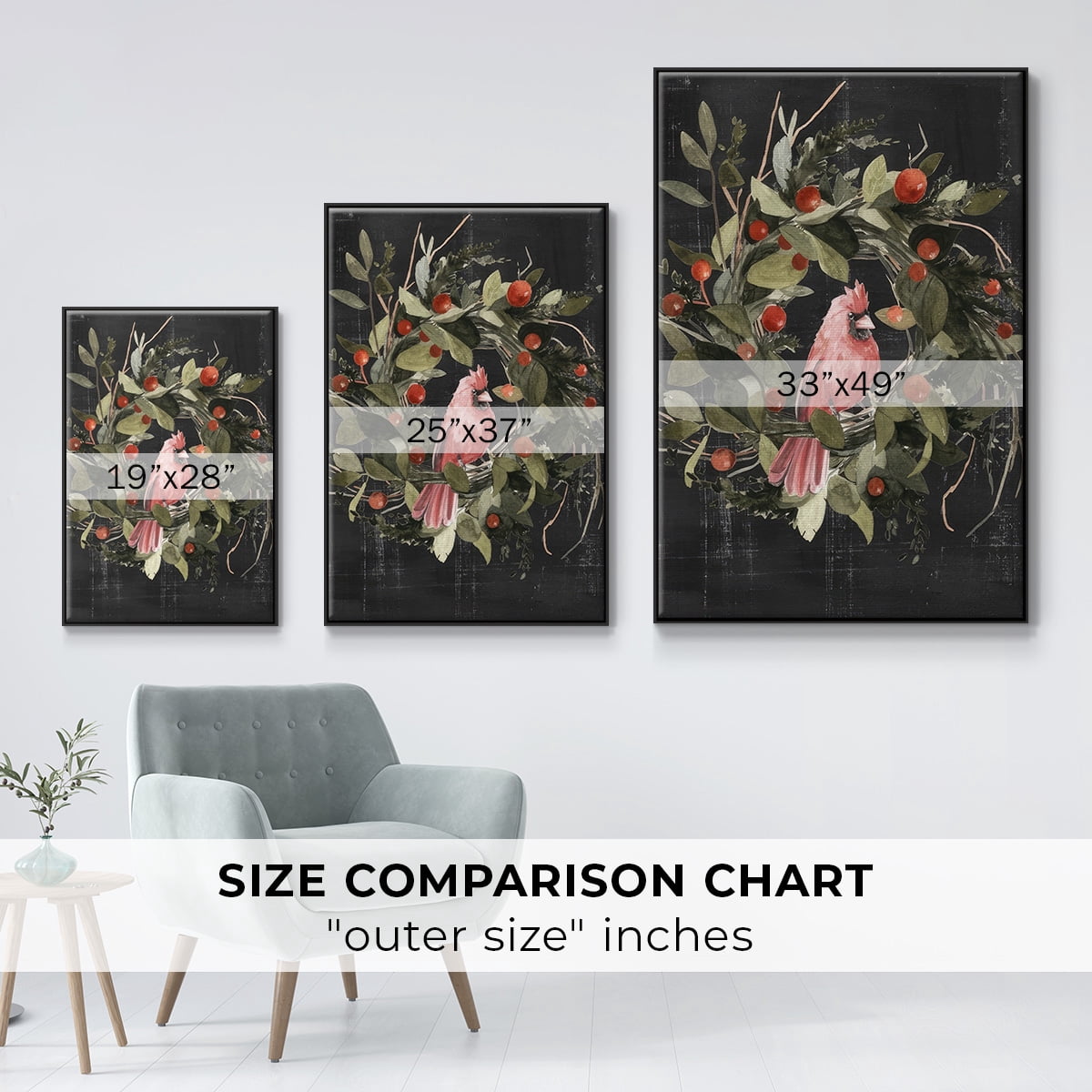 Christmas Cardinal II - Framed Gallery Wrapped Holiday Canvas - 17 x 25 - Black Frame