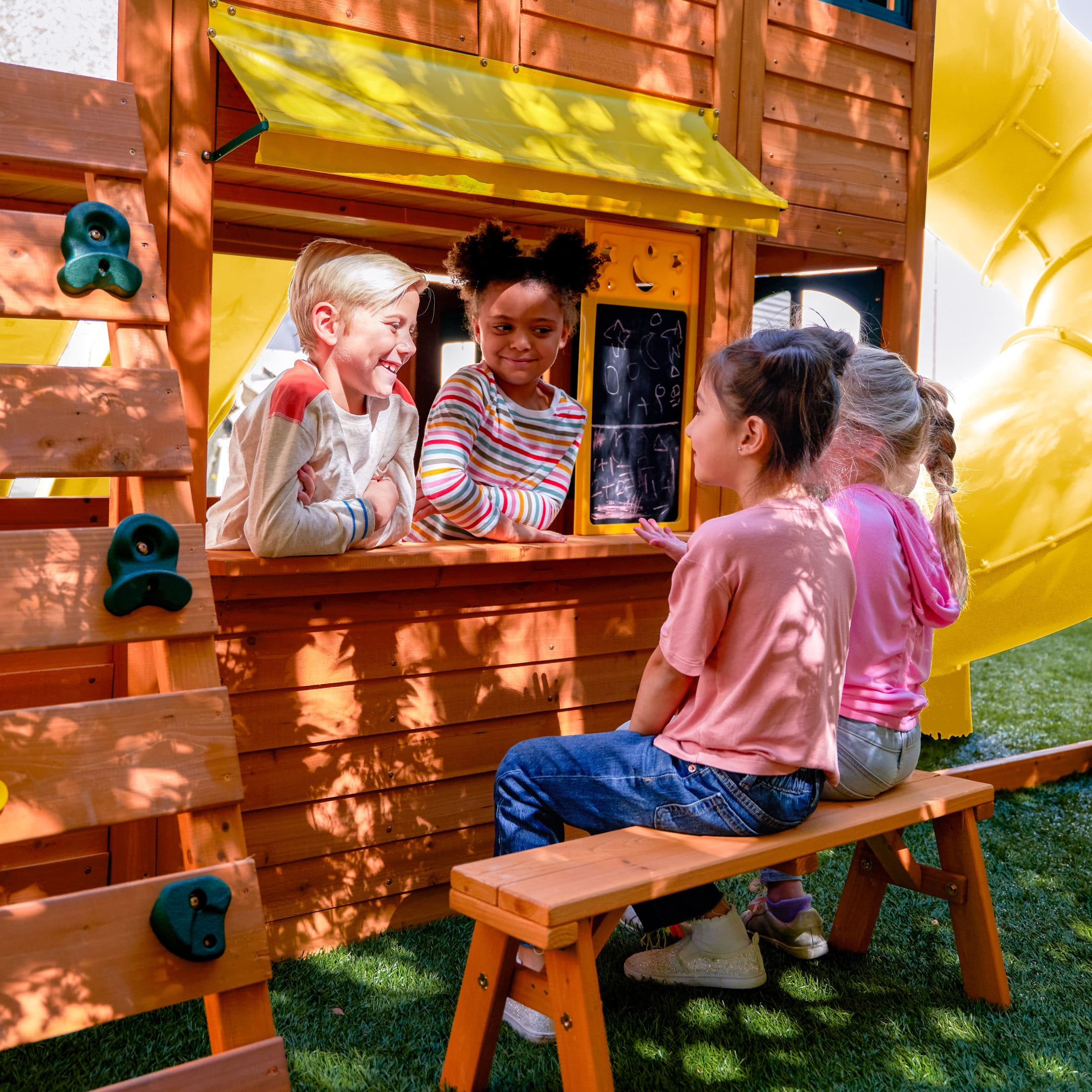 KidKraft Atlas Point Wooden Outdoor Swing Set / Playset with Kitchen, Slides and Glider