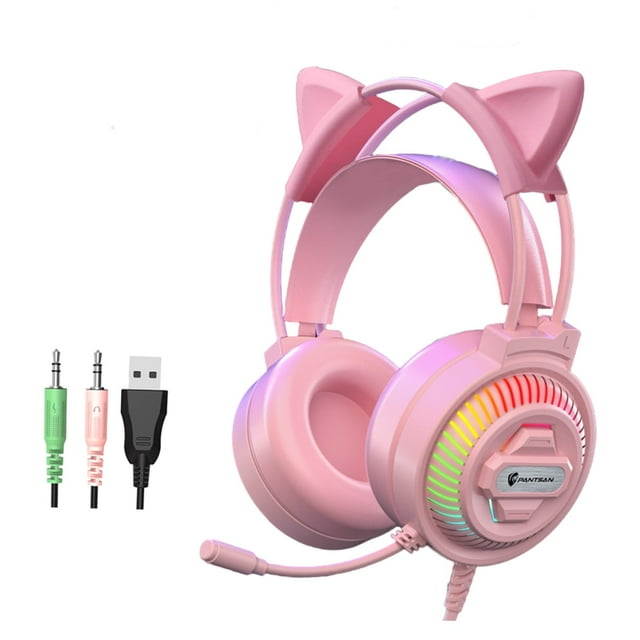 MERIGLARE Gaming Over-Ear 3.5mm Headsets Earphone with Microphone, Wide Compatibility - 3.5mm Pink with ear