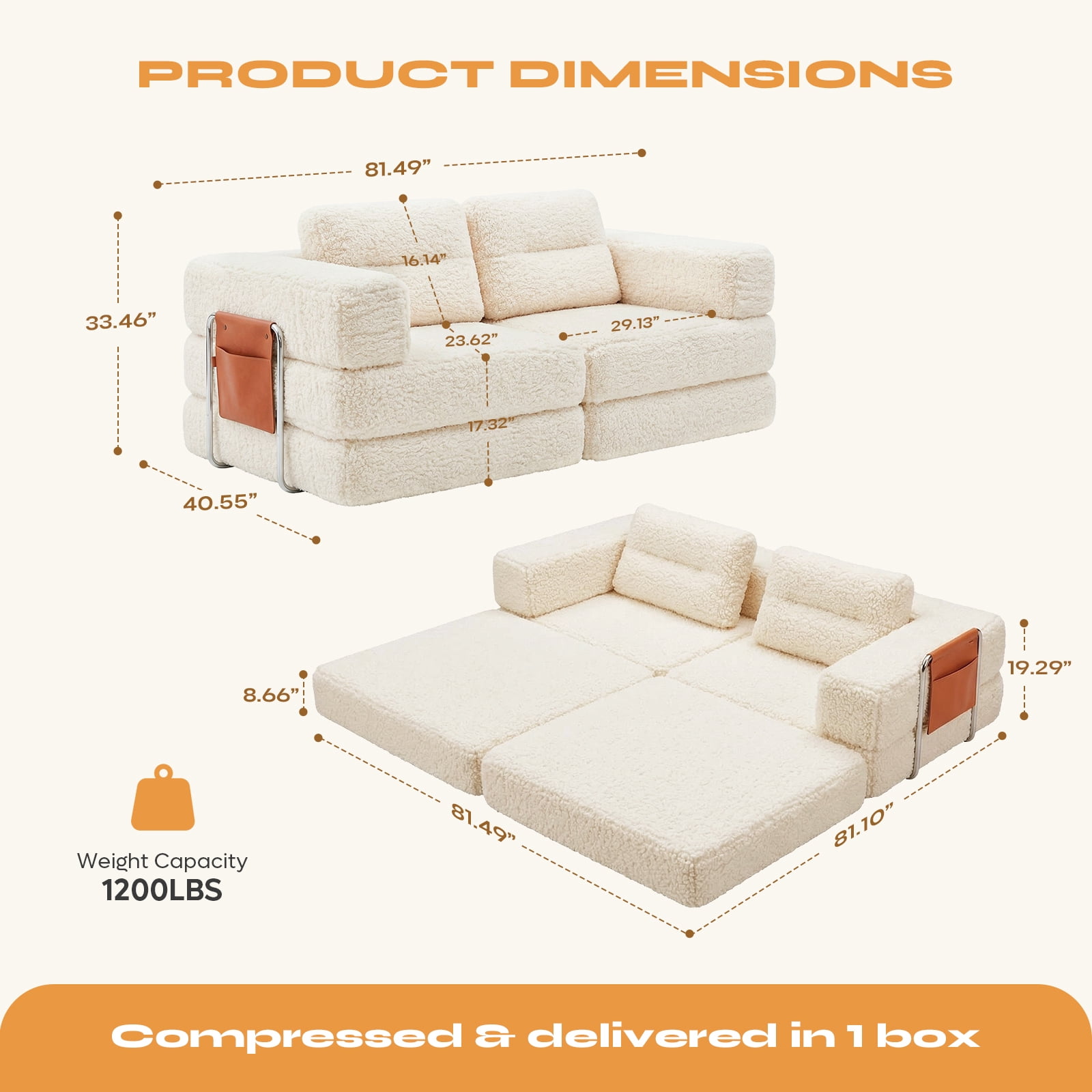 Pinmoco 81.5" Convertible Sofa Bed, Modular Sectional Sleeper Sofa for Living Room, Foldable Couch Bed with Pillows and Storage, No Assembly Required, Teddy Fleece Beige