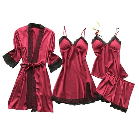 

Plus Size Lingerie For Women Sleepwear Women Silk Lace Robe Dress Babydoll Nightdress Pajamas Set Simulated silk nightgown nightdress pajama pants suit four-piece red XL