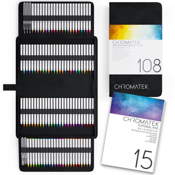 Juego de bolígrafos de acuarela CHROMATEK 108 colores con bloc de instrucciones