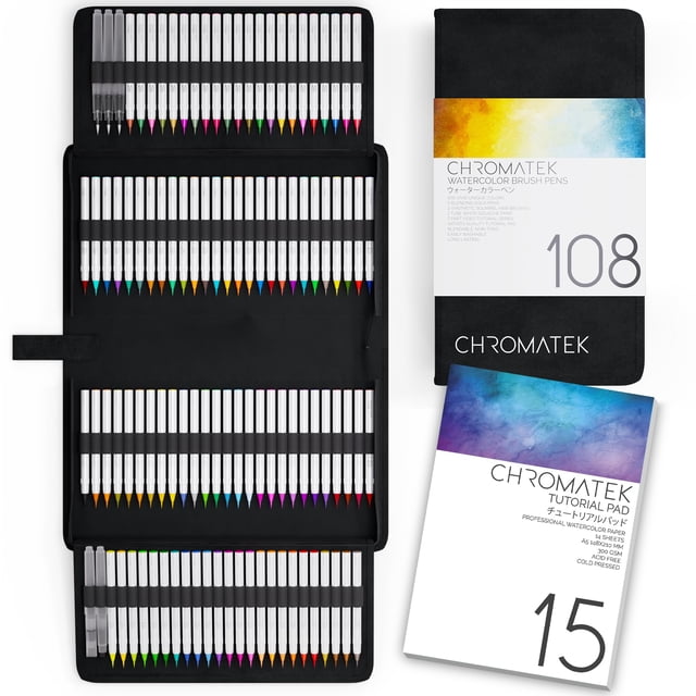 Juego de bolígrafos de acuarela CHROMATEK 108 colores con bloc de instrucciones
