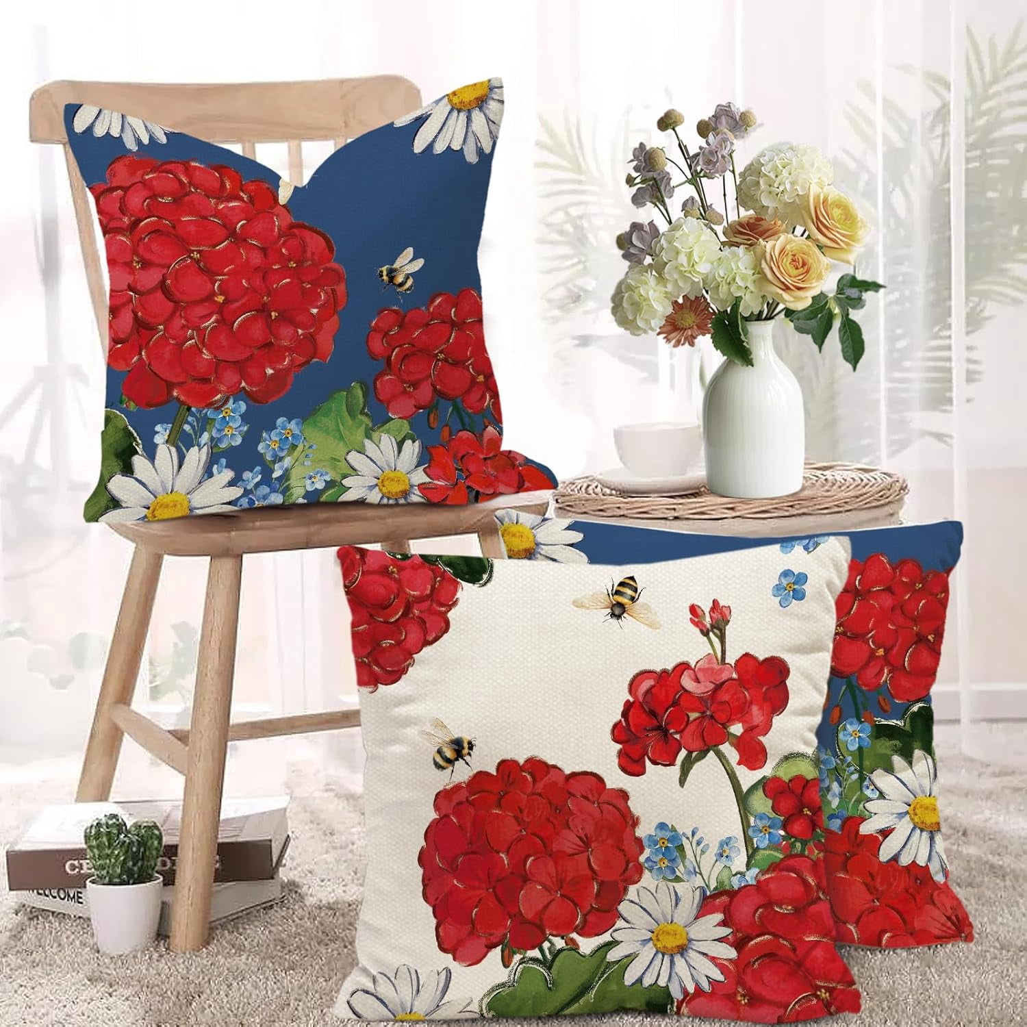 Spring Summer Red Geranium Pillow Covers White Daisy Floral 18 x 18 Inch Throw Pillows, Farmhouse Bee Seasonal Outdoor Indoor Decorative for Cushion Case Sofa Couch Set of 4