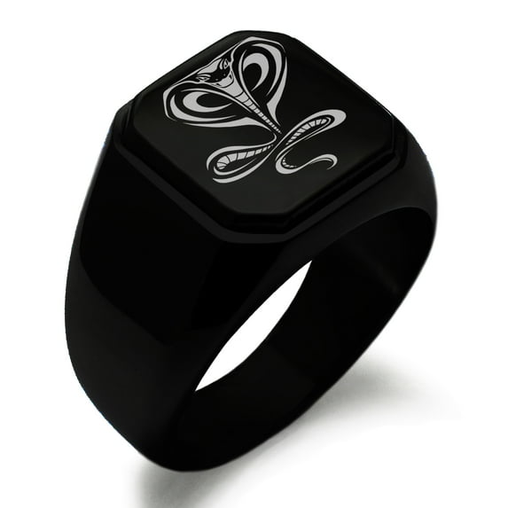 Stainless Steel Serpentine King Cobra Engraved Square Flat Top Biker Style Polished Ring
