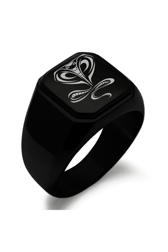Stainless Steel Serpentine King Cobra Engraved Square Flat Top Biker Style Polished Ring