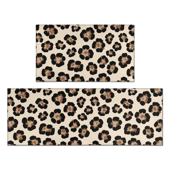 Brown and Beige Leopard Print Anti Fatigue Kitchen Rugs Set Of 2, Non Slip Washable Decorative Floor Mats for Kitchen Sink Laundry, 17"x30" and 17"x47"