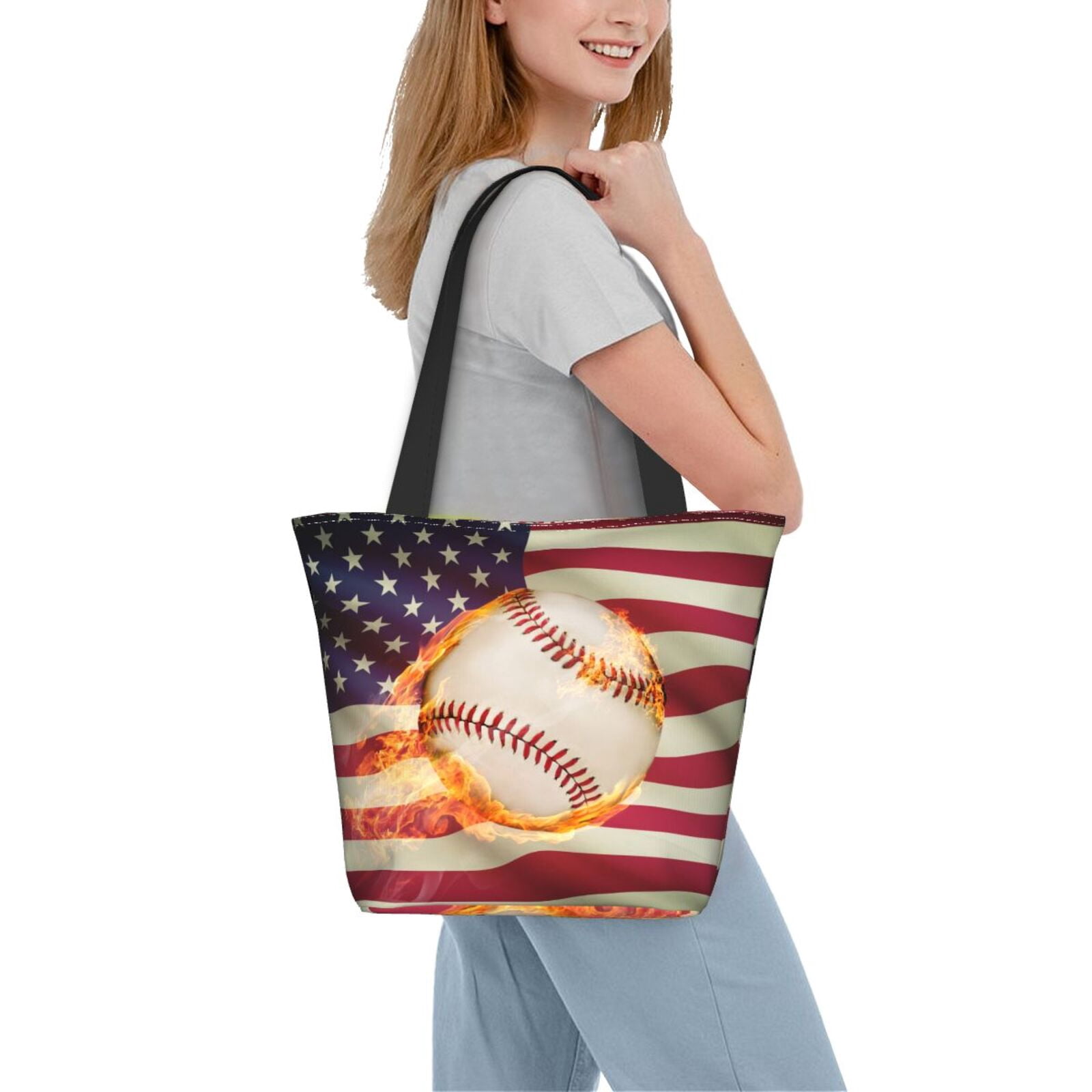 Horeoi Baseball Ball With Flag Print Shoulder Bag for Women Large Capacity Zipper Tote for Shopping Beach Travel Gym with Inner Pocket