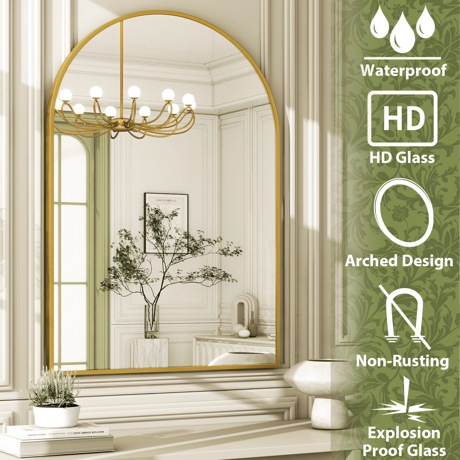 GRAHMCY 30"x40" Arched Bathroom Mirror Wall Mounted Vanity Hanging Mirror, Gold