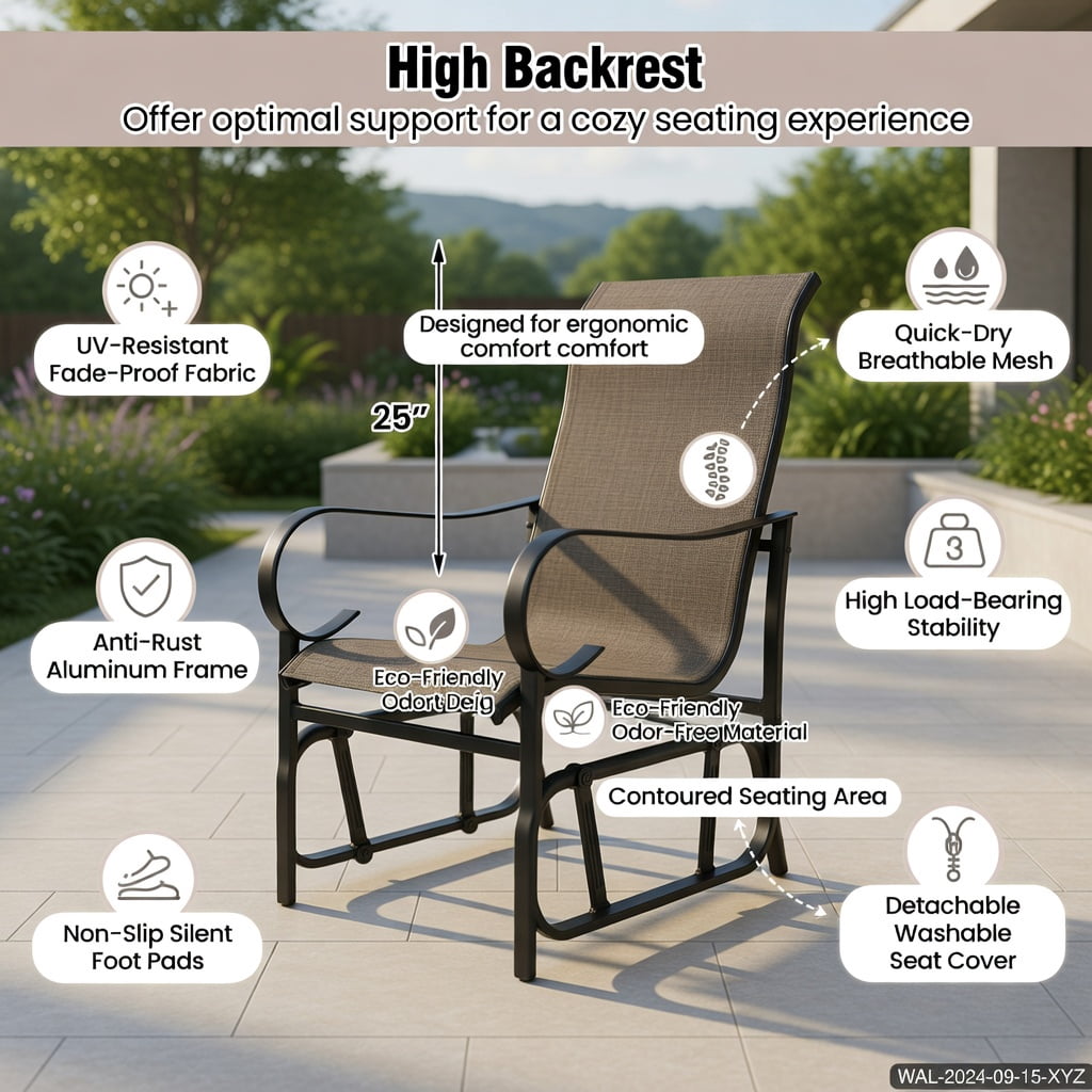 Hommoo 2-Piece Outdoor Glider Chair Set, High-Back Breathable Mesh Patio Chairs with Heavy-Duty Metal Frame, Gray