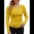 thumbnail image 1 of Camisetas Básicas Ajustadas Informales de Cuello Redondo y Larga Acanaladas para Mujer Amarillo Mostaza L, 1 of 6