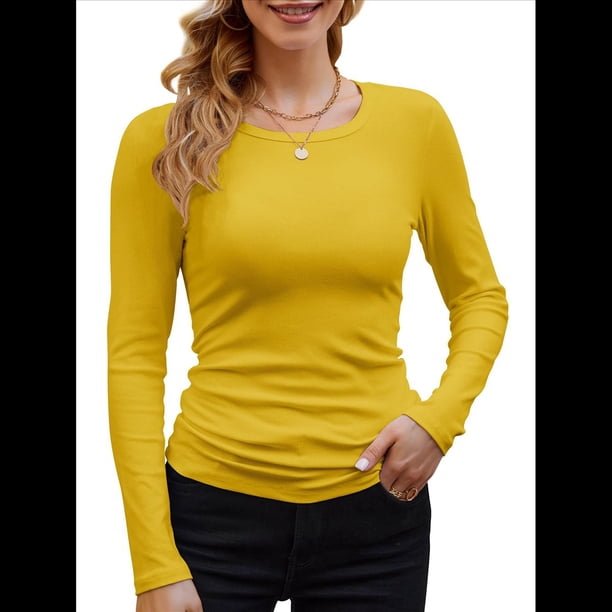 Camisetas Básicas Ajustadas Informales de Cuello Redondo y Larga Acanaladas para Mujer Amarillo Mostaza L