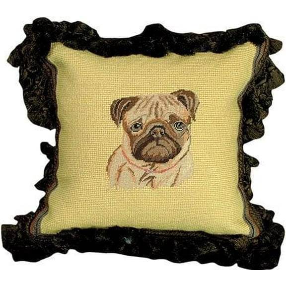 Throw Pillow Needlepoint Fawn Pug Thin 12x12 Mixed-Stitch