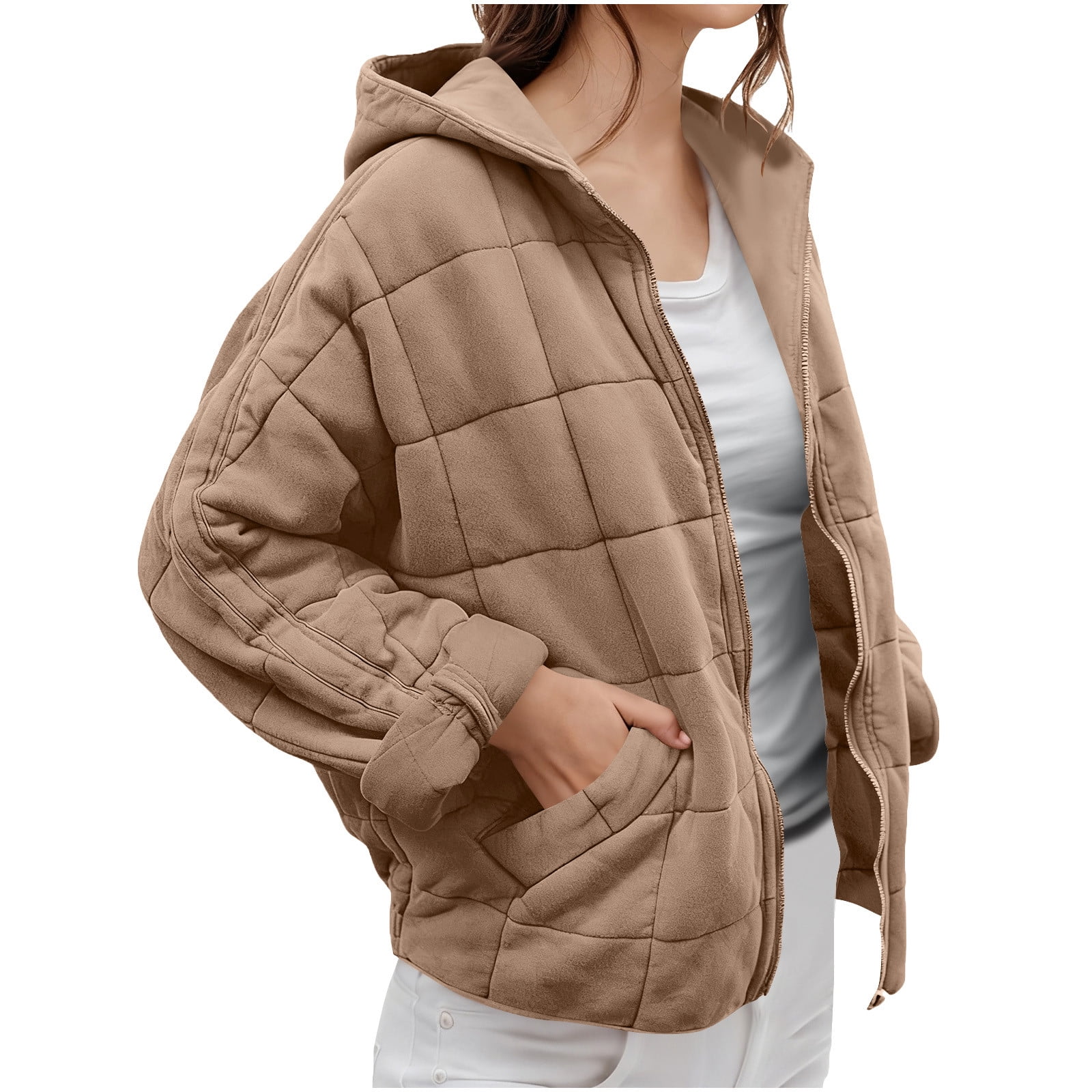Womens Hooded Quilted Jacket with Pockets Cotton Puffer Winter Coat Full Zip Loose Long Sleeve Warm Outerwear (L, Khaki)