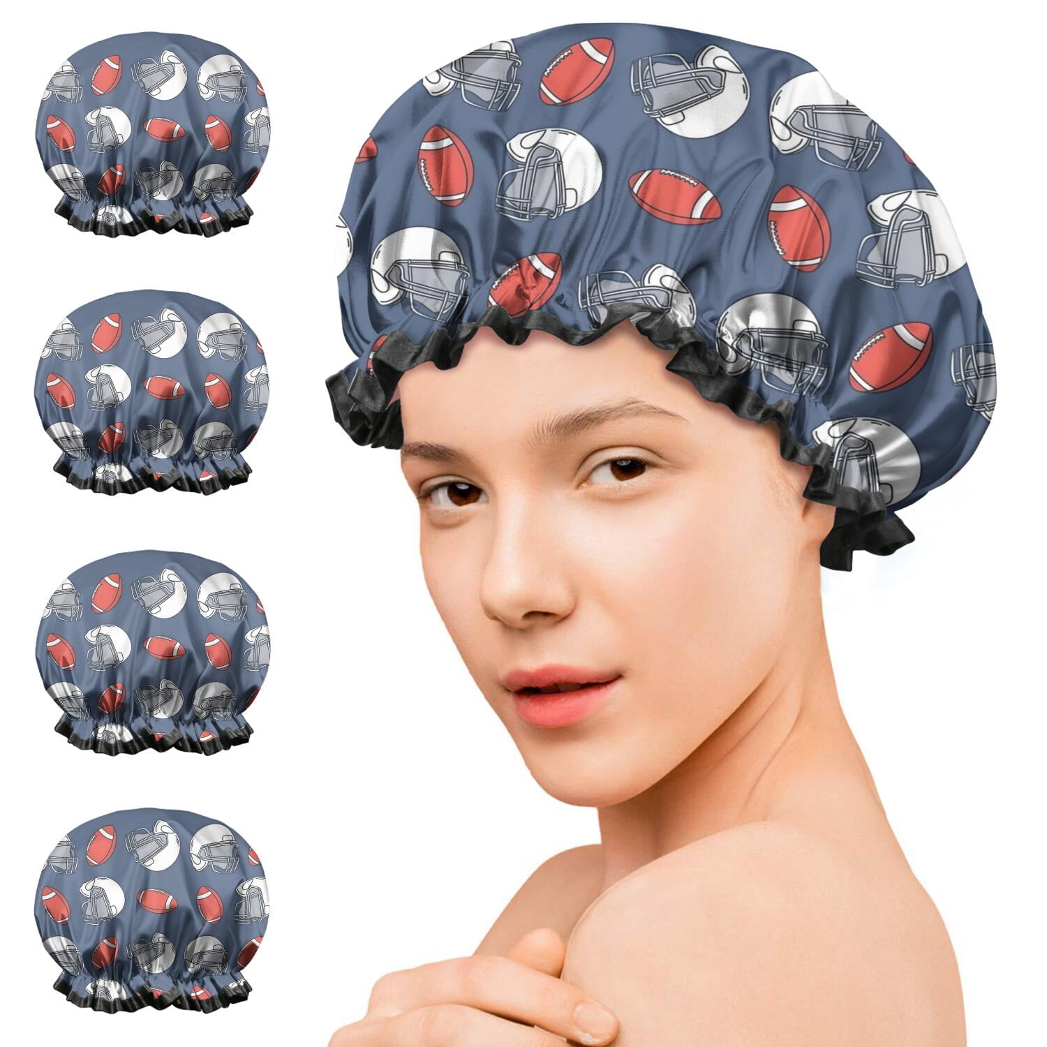 Shower Caps,Blue Football Helmets and Balls Pattern Waterproof Shower Cap for Women 4 Pieces,Double Reusable Hair Cover for Shower PEVA Elastic Stretch Hem
