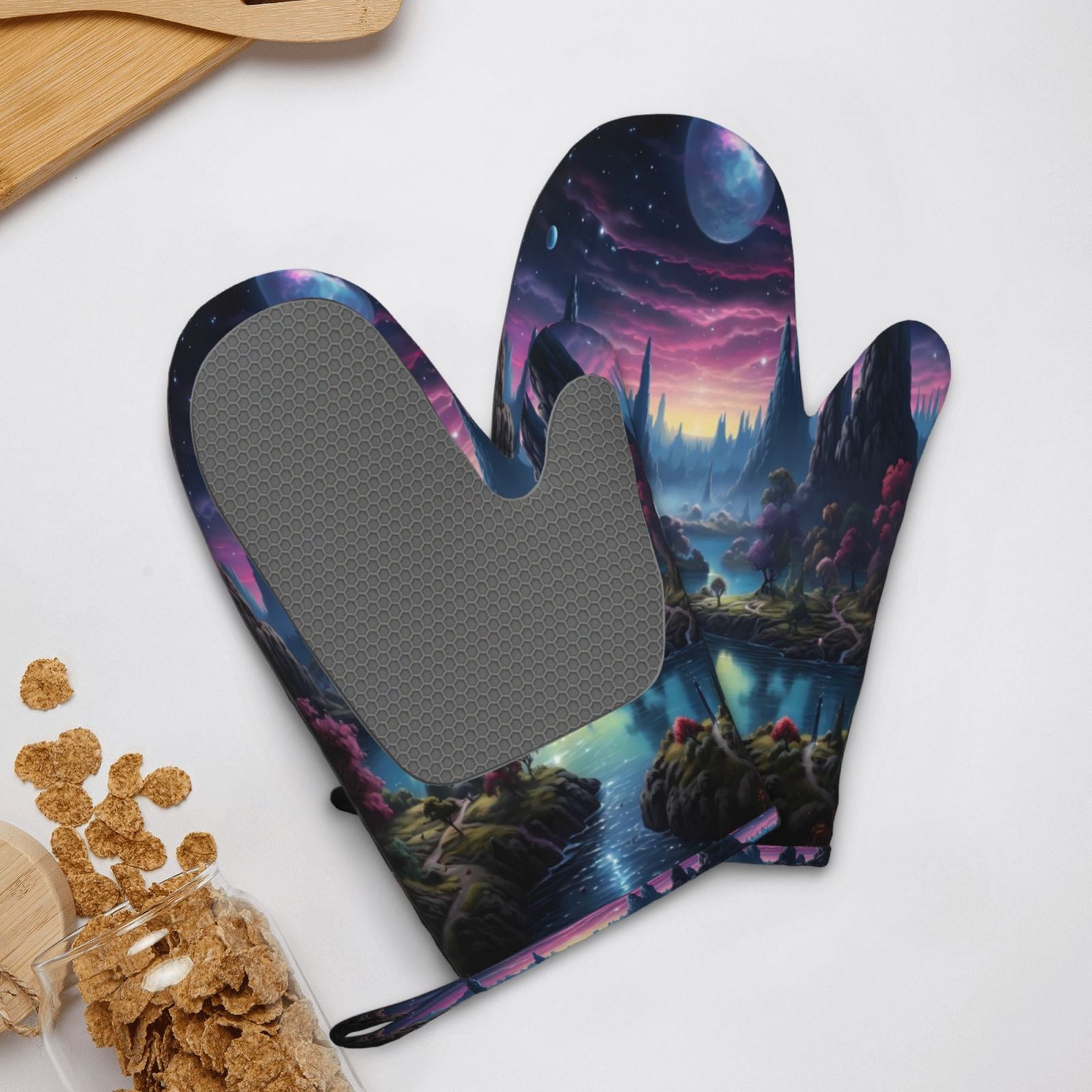 Hirioo Fantasy Landscape Starry Night for Silicone Oven Mitts for BBQ, Baking, Cooking, Set of 2, Heat Resistant 260℃, Non-Slip Kitchen Essentials