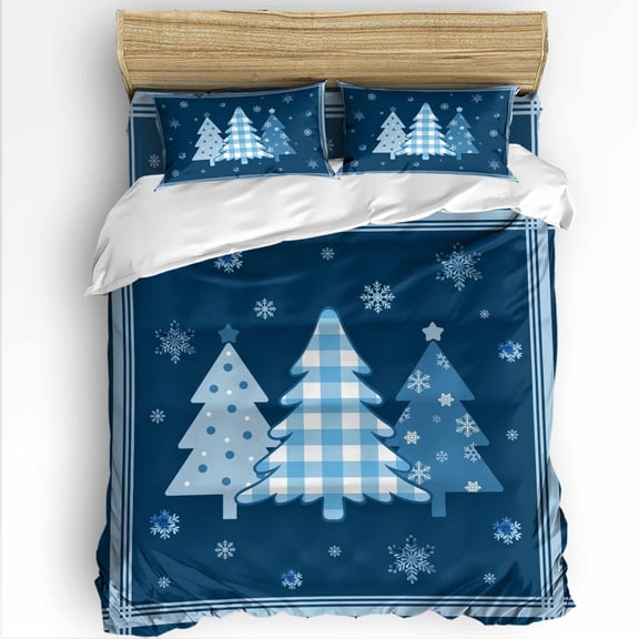 Blue Christmas Tree King Size Comforter Set, Winter Snowflakes Striped Navy Soft Bedding for All Seasons, 4 Pcs Bed Set with 1Comforter (90"x106") ,1 Sheet(94"x116"), 2 Pillowcases (19"x35")