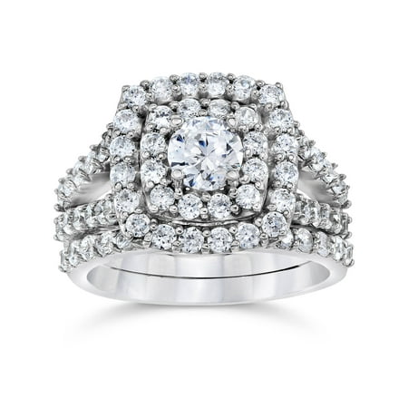 - 2 Carat Diamond Cushion Halo Engagement Wedding Ring Set White Gold