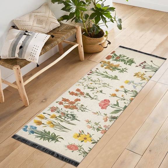 Yayeee Runner Rug for Bedroom 2'x6' Machine Washable Hallway Non Slip Mat, Beige Wildflowers