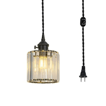 

KAYYELAMP Crystal Lampshade Black Base with Switch 19.6 Feet Plug in Dimmable Cable Modern Pendant Light for Island Kitchen Dining Table Loft Stairs(No Bulb)