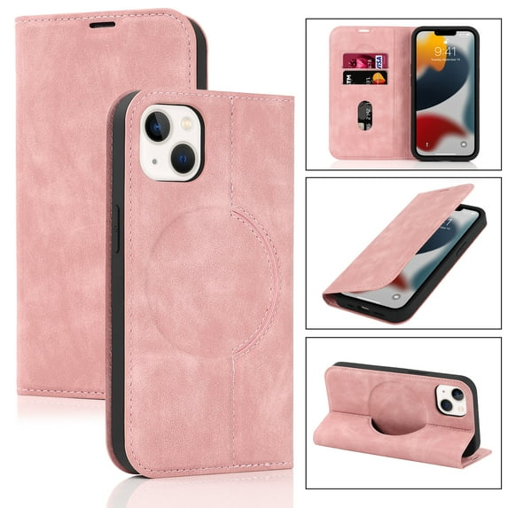 Nalacover for iPhone 13 6.1 inch Wireless Charging Case,Luxury Full Body Protection Solid Color PU Leather Magnetic Closure Flip RFID Blocking Card Slots Stand Shockproof Cover.Pink