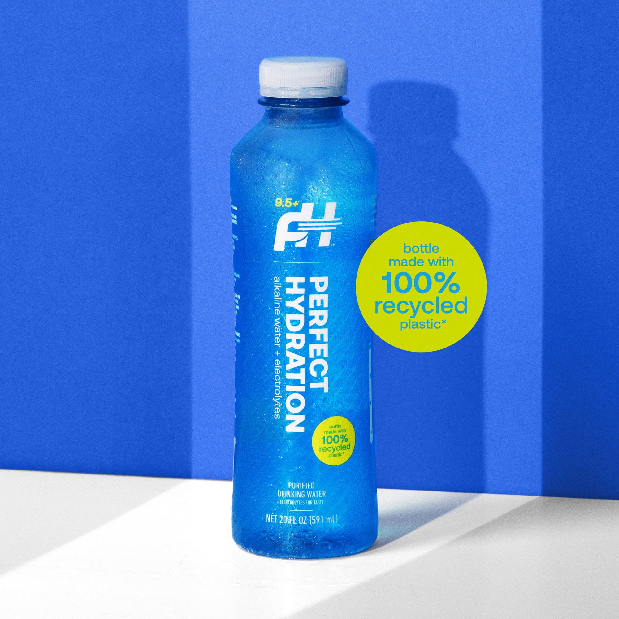 Perfect Hydration 9.5 pH Alkaline Water, Electrolytes for Taste, Bottles Made with 100% Recycled Plastic, 20 Fl Oz, Case of 24 Bottles, 3 Cases
