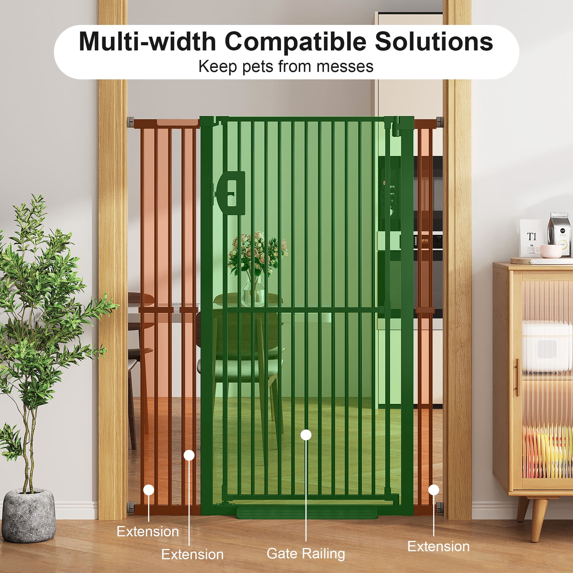 AOPEC 57" Extra Tall Pet Gate, Auto Close Dog Door Pressure Mounted No Drilling for Doorways, Hallways, Stairs, Expandable 27.5"-38.5" Wide, Narrow 1.18" Spacing for Small Dogs & Puppies, Black