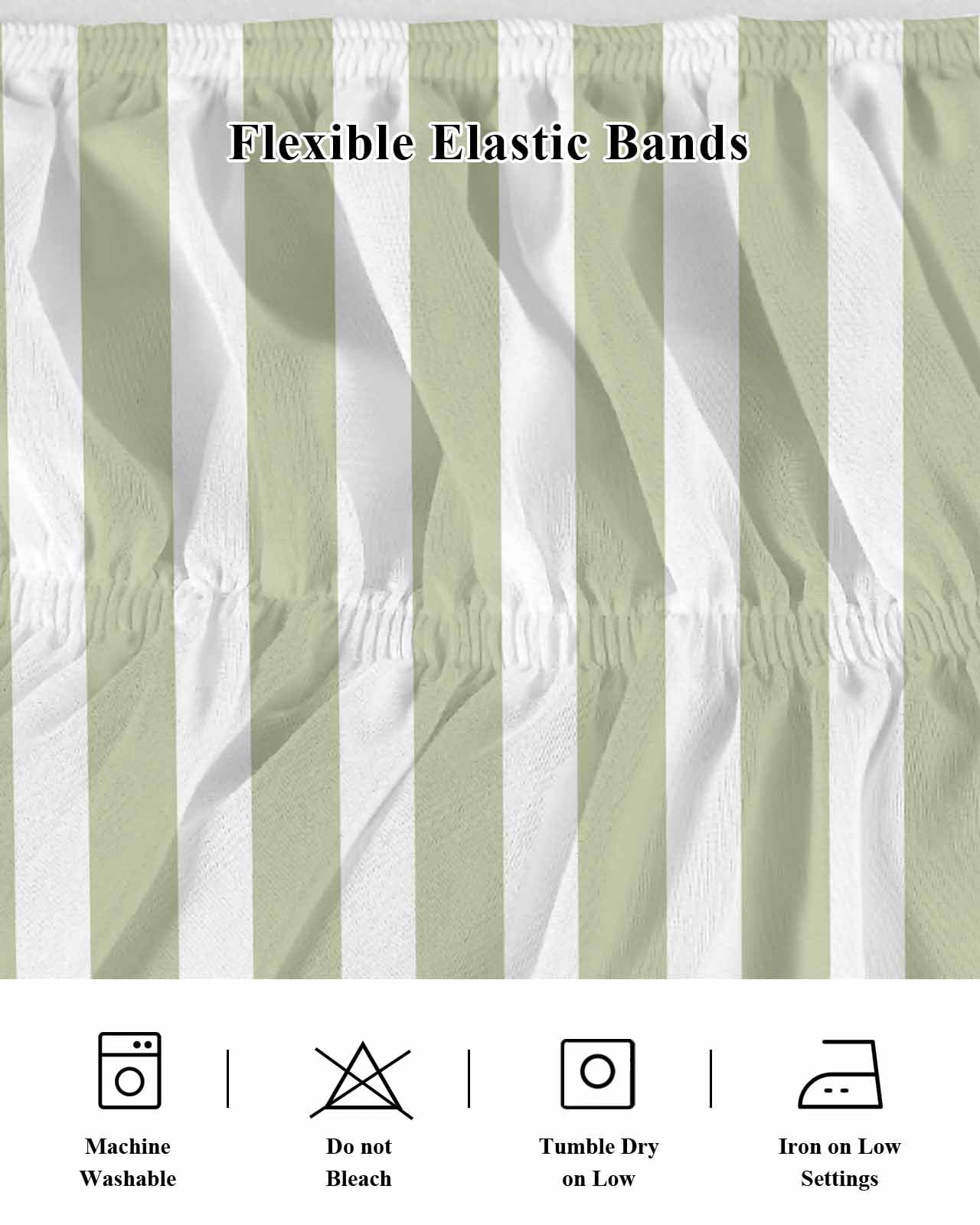 Sage Green Striped Bed Skirt Queen Size, Modern Farmhouse Sage Green White Stripes Wrap Around Bed Skirting with Adjustable Elastic Strap, Dust Ruffle Pleated Bedskirts 16 Inch Drop for Bedroom Beds