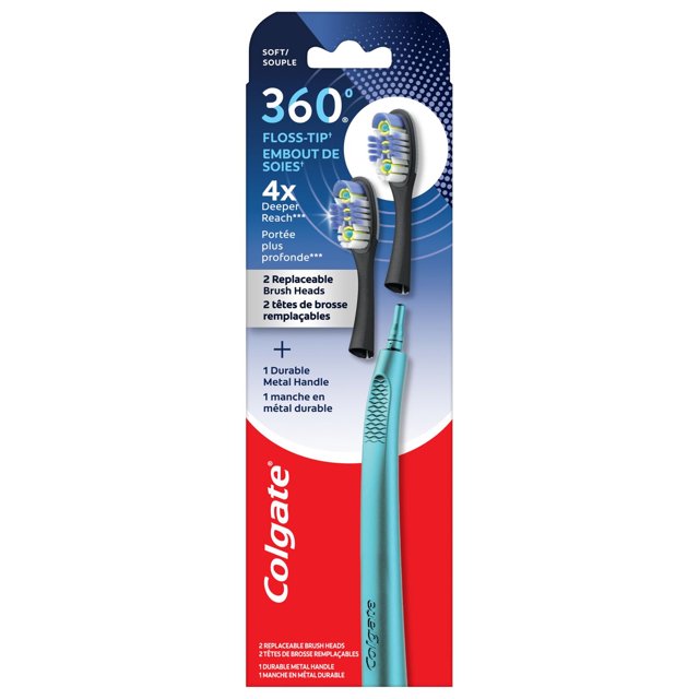 Colgate® 360® Floss Tip Replaceable Head Toothbrush Starter Kit, 2 Brush Heads and Metal Handle
