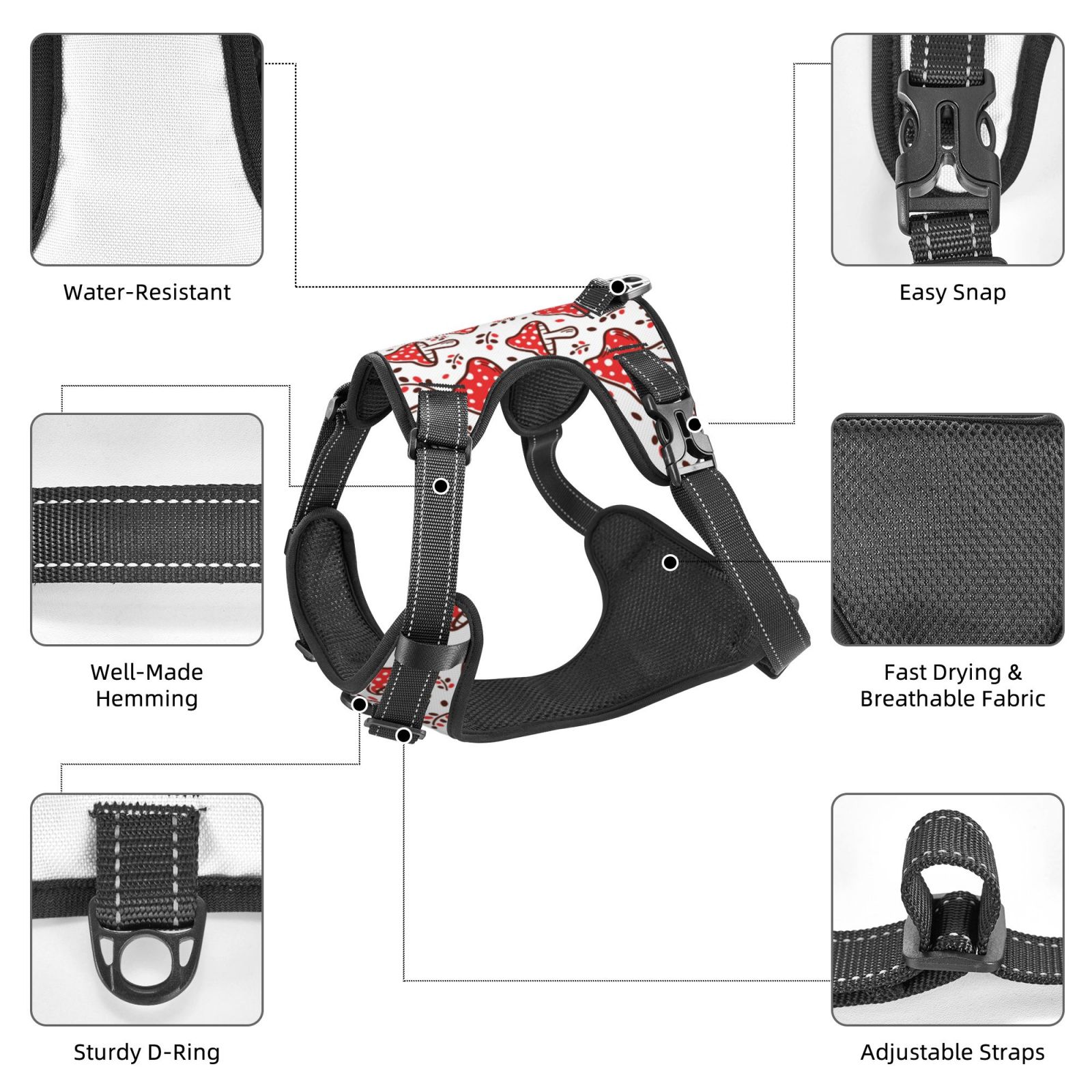 Naloa Amanita Red Mushroom Pet Harness Vest with Traction Rope, Adjustable No-Choke Dog Vest for Outdoor, Walking - Medium
