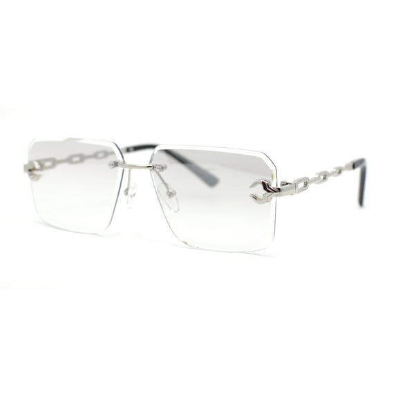 Luxury Bling Rimless Chain Jewel Arm Rectangle Hustler Gangster Sunglasses Silver - Clear