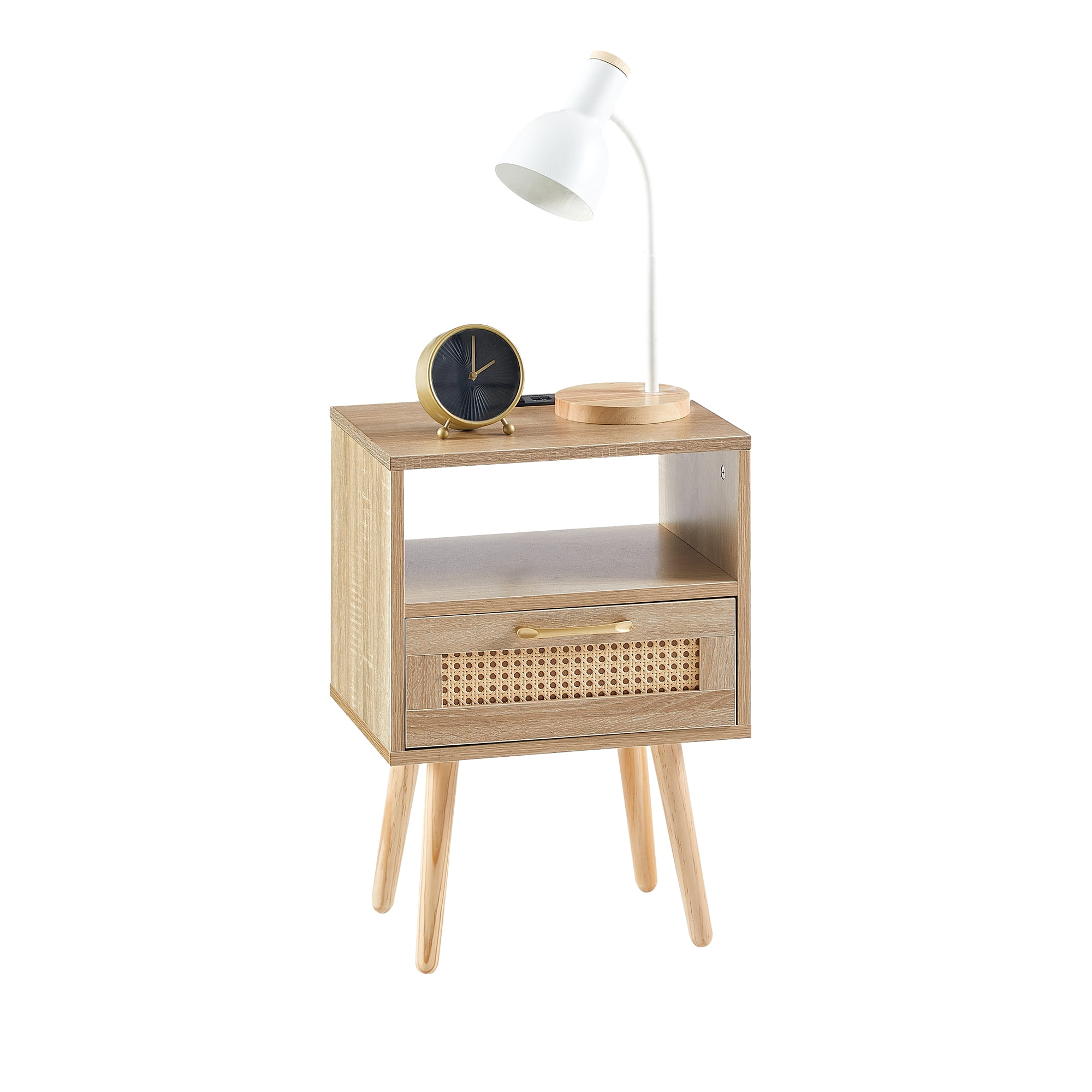 MAYEERTY 15.75" Rattan End Table with Power Outlet & USB Ports – Modern Nightstand with Drawer & Solid Wood Legs, Natural