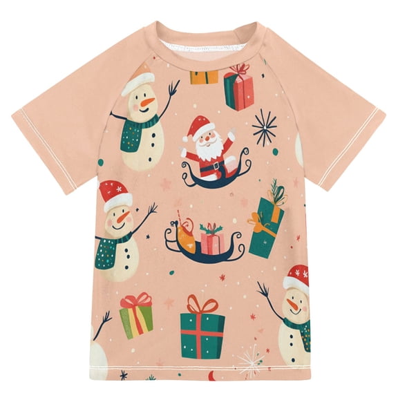 FORMRS Boys Rash Guard with Short Sleeves UPF 50  Swim Shirts Sizes 3-12T, Beige Christmas Snowman