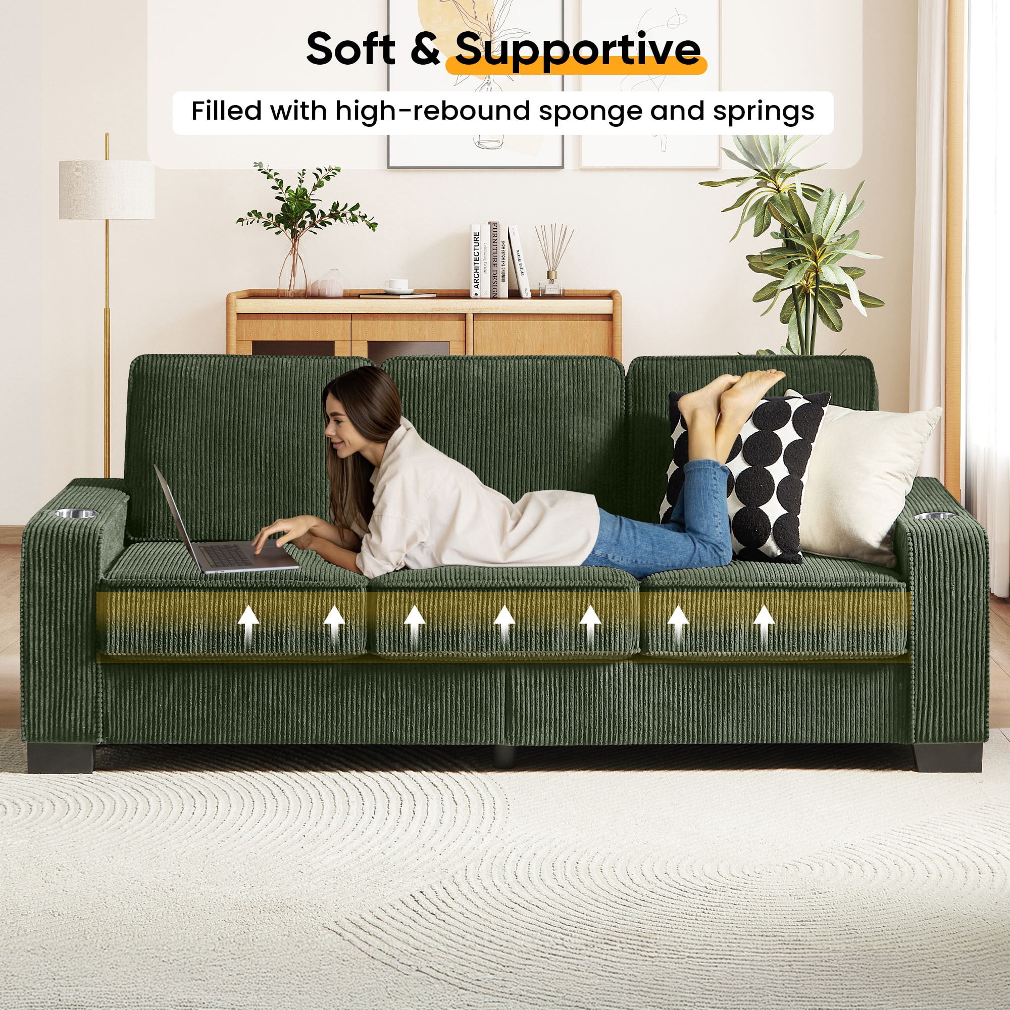 Lunale 83" Corduroy Sofa with Cup Holders, Modern 3-Seater Couch for Living Room, Apt., Green