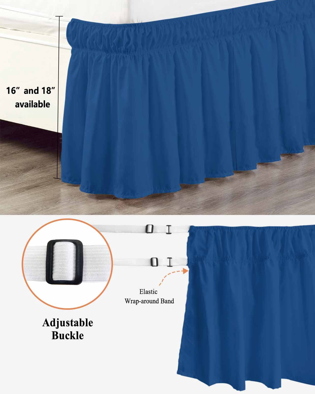Pure Navy Blue Wrap Around Bed Skirts for Queen Bed 16" Drop, Bed Skirt with Adjustable Elastic Belt Dust Ruffle Bed Valance for Bedroom Hotel Luxury Simple Solid Color Bed Frame Cover