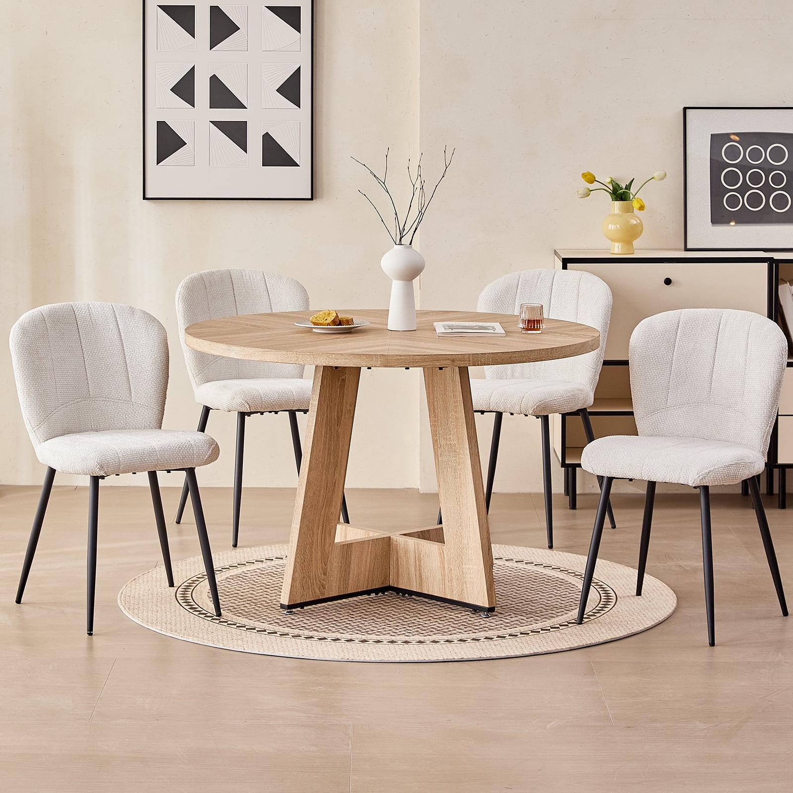 47 inch Round Dining Table, Farmhouse Circle Kitchen Table, Large Wood Dinner Table for 4, Wooden Pedestal Dinning Table for Dining Room, Mid Century Modern Style, Natural
