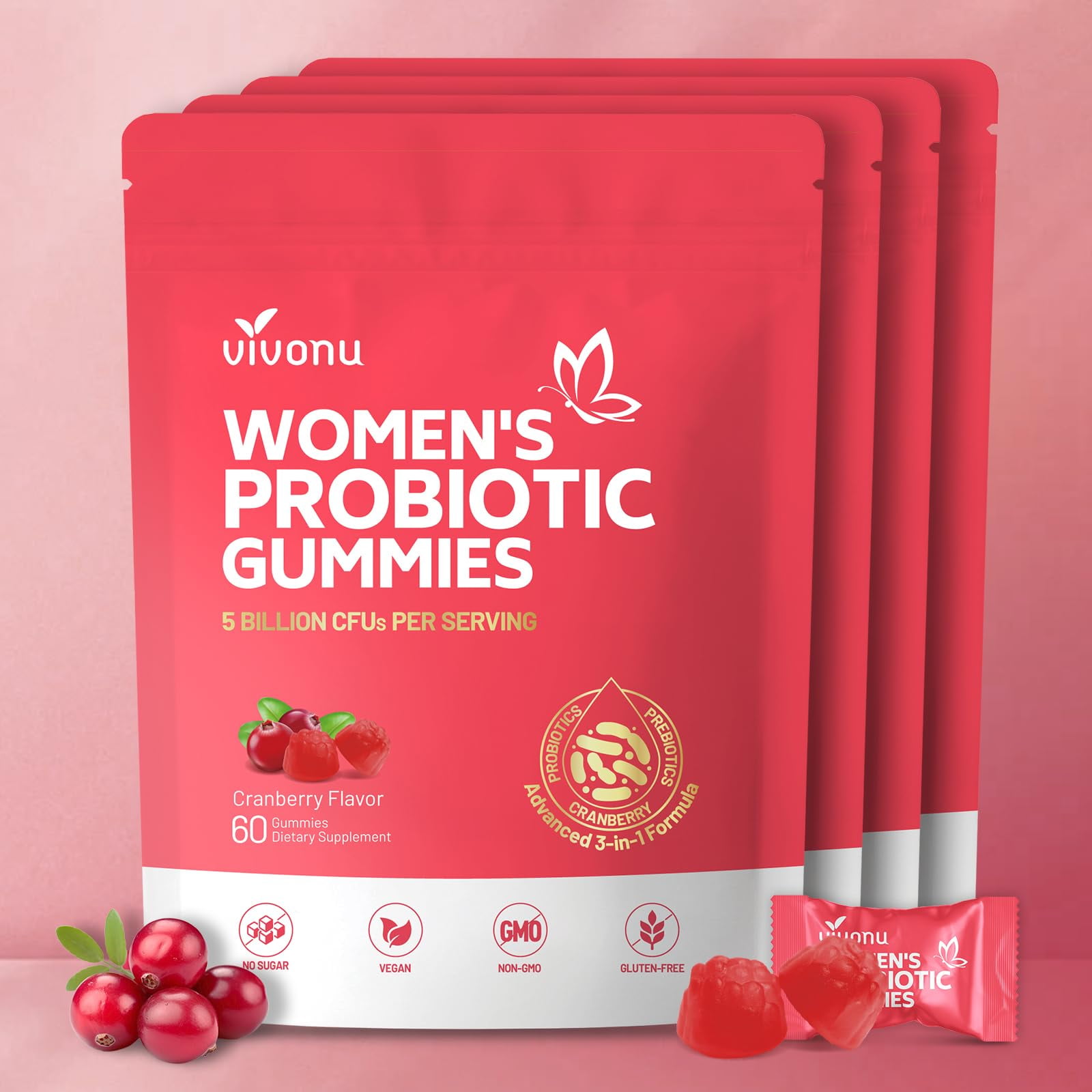 Women Probiotic Gummies, 3 In 1 Feminine Probiotics Cranberry, 5 Billion CFUs | Fiber | Feminine Balance Gummies for Healthy Odour, Digestive and Gut Health+Vitamin C for Immune Support - 60 Gummies
