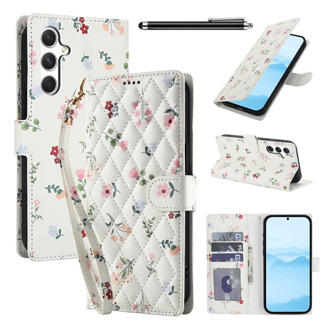 Wallet Case for Samsung Galaxy A14 , PU Leather Phone Cover Kickstand RFID Blocking Flip Case Card Slots Wrist Strap Relief Engraved Pattern Magnetic With Stylus Pen, Pink Flower