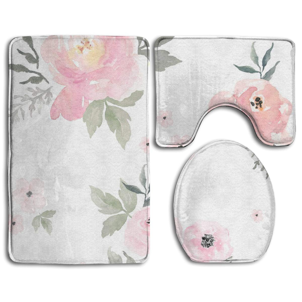 PUDMAD Sweet Blush Roses 3 Piece Bathroom Rugs Set Bath Rug Contour Mat