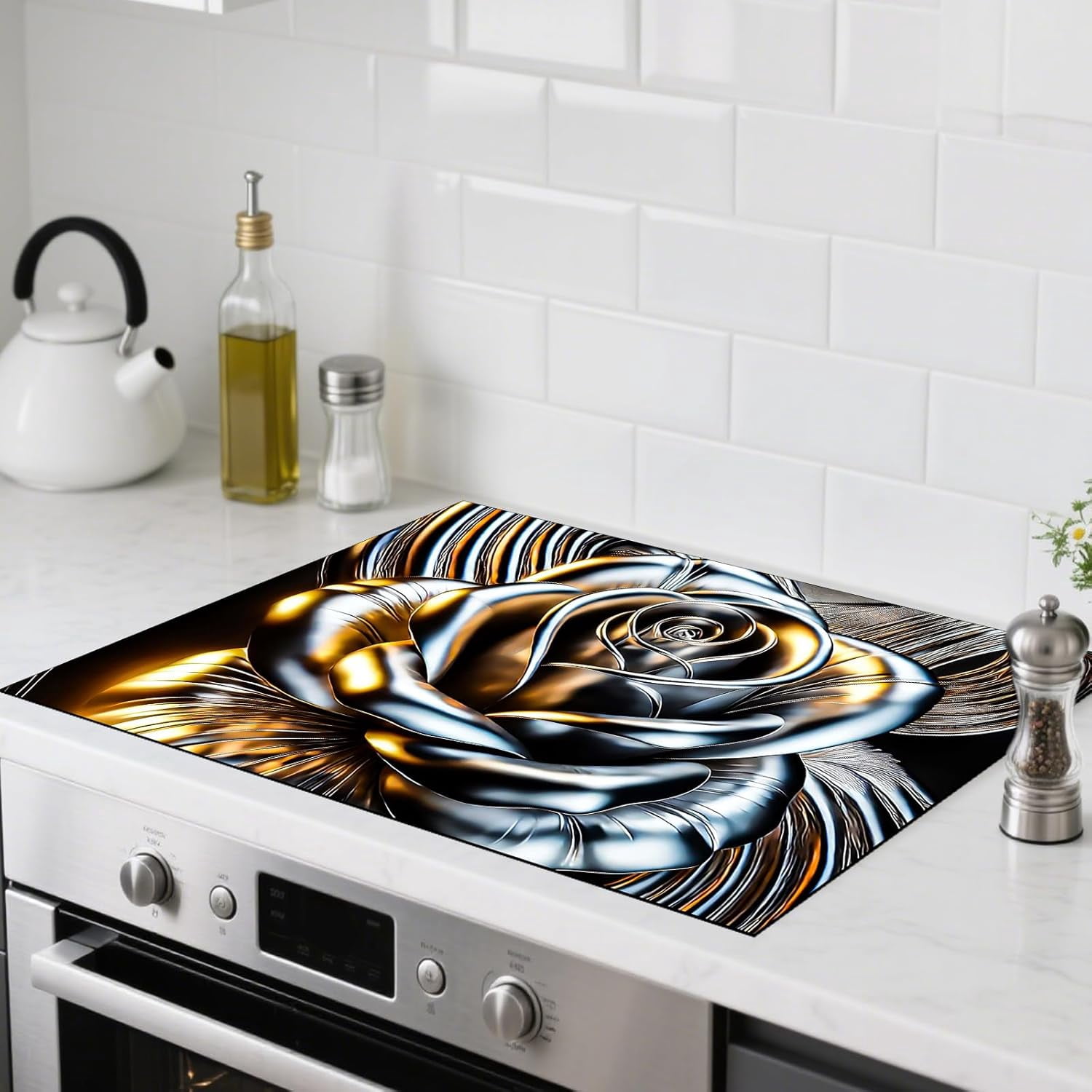 Stove Top Cover Polyester & Diatom Mud Blend 28.35×20.47inches (Metallic Rose Design) Stove Top Cover for Kitchen Decor Cooking Areas, Home Styling