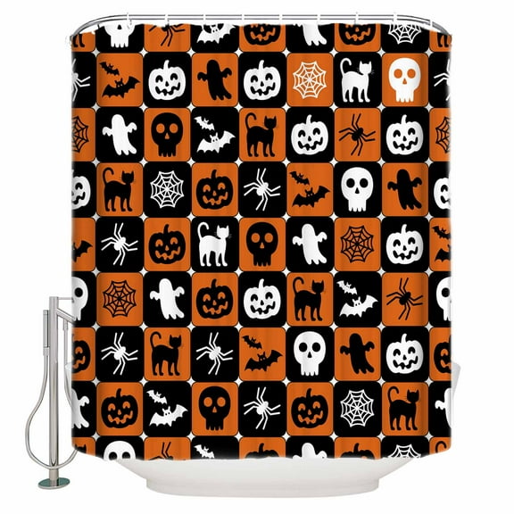 Shower Curtains for Bathroom-72"x72",Halloween Bat Pumpkin Ghost Face Cat Waterproof Bath Curtain Grommet Shower Curtain Set with Hooks,Black Orange Plaid Washable Bath Accessories
