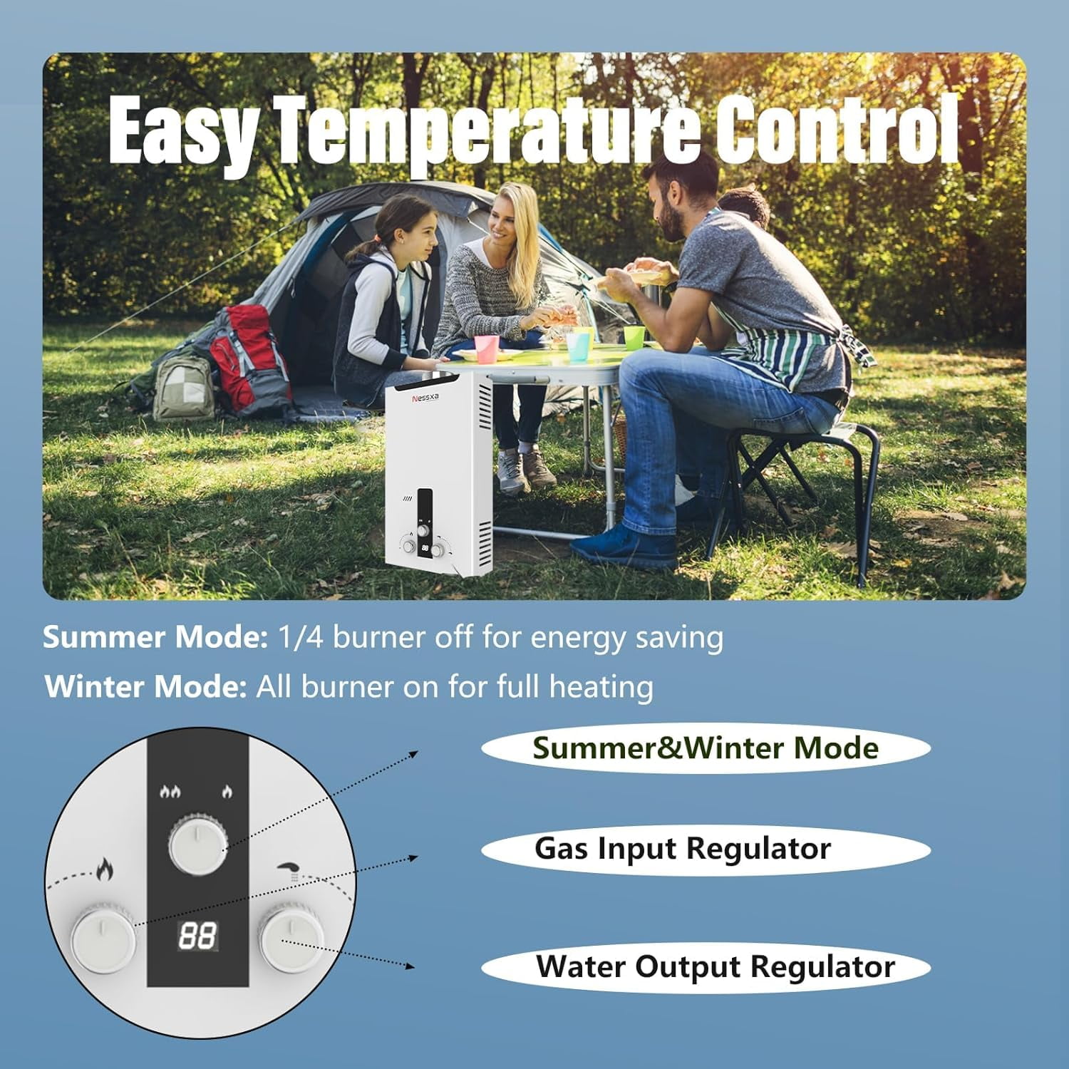 Tankless Water Heater Propane with Digital Display, 3.66 GPM 14L Portable Instant Hot Gas Water Heater with Overheating Protection for Indoor and Camping,85300 BTU
