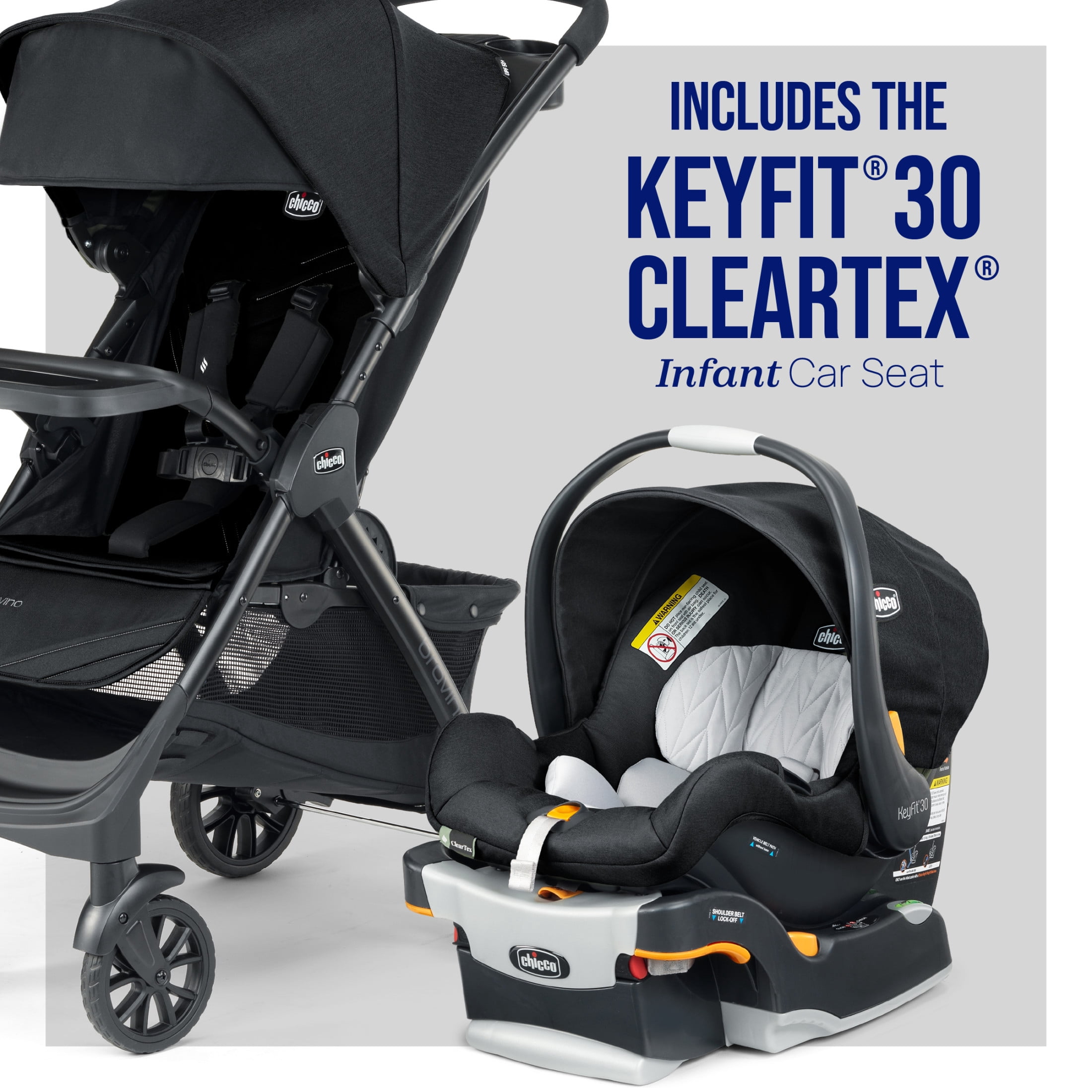 Chicco Bravino Travel System with Bravino Lightweight Stroller and KeyFit 30 ClearTex Infant Car Seat and Base, One-Hand Fold, UPF 50+ Canopy, Infant Car Seat for 4-30 lbs. - Moss (Green)