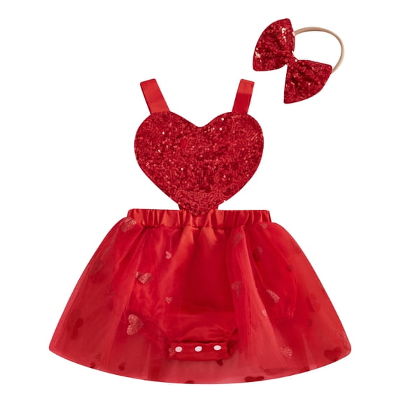 Okbabeha Baby Girl Valentines Day Outfits Halter Sleeveless Romper Dress Heart Print  one-piece  Bodysuit with Tutu Tulle Skirt Hem