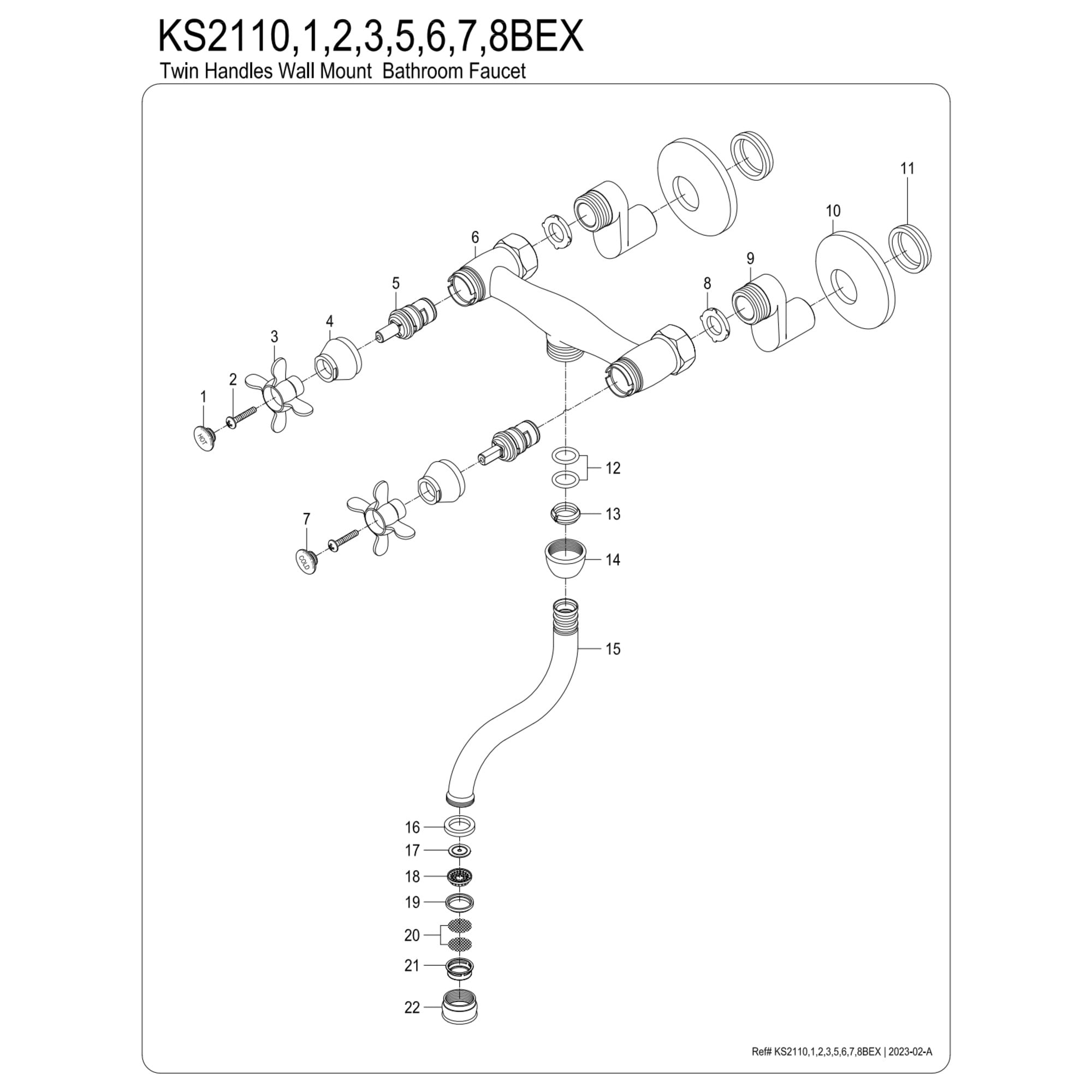 Kingston Brass KS2111BEX Essex Double-Handle 2-Hole Wall Mount Bathroom Faucet in Polished Chrome