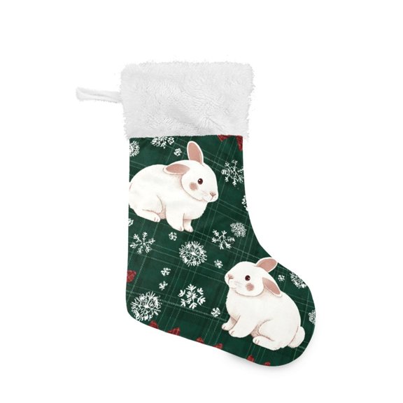Green Plaid Rabbits Snowflakes Red Bows Christmas Christmas Stockings Large Capacity 18 inch Gift Bag with Hook Xmas Holiday Decor 1 Pack