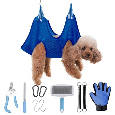 Kwa Heri Dog Grooming Hammock with 11-Piece Pet Grooming Tool Kit Small Dogs Harness Holder Sling for Nail Trimming Ear Cleaning & Eye Care Restraint Bag for Small Cats & Dogs(Blue)