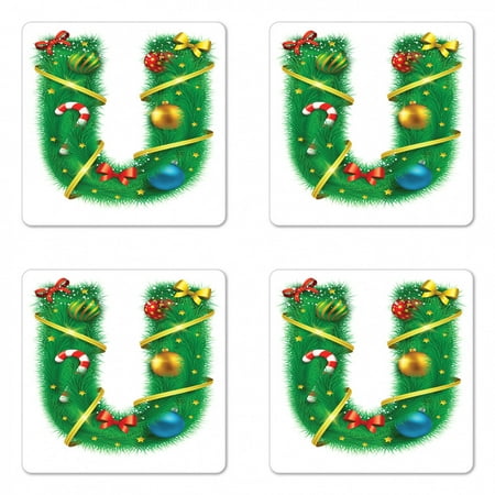 

Christmas Alphabet Coaster Set of 4 U Lettering with New Years Eve Ornaments Pattern on Plain Backdrop Square Hardboard Gloss Coasters Standard Size White and Green by Ambesonne