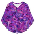thumbnail image 4 of Psychedelic Hippie Purple Tears Women's V-Neck Blouse With 3/4 Ruffled Bell Sleeves Casual Top Ladies Blouses, 4 of 7